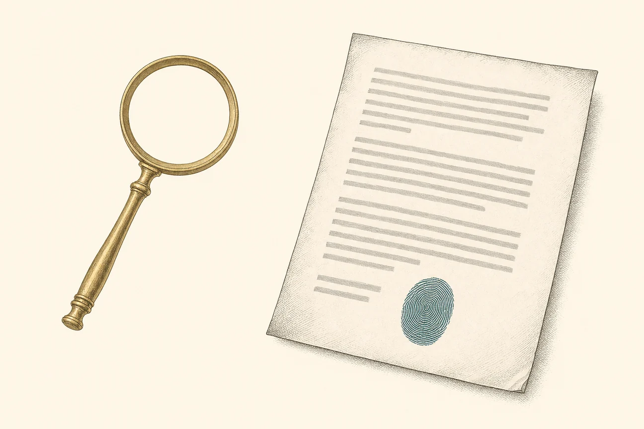 Illustration of a printed document beside a magnifying glass, with a teal fingerprint mark at the foot of the page.