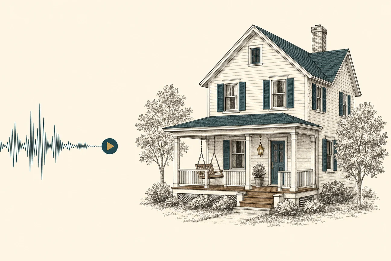 Illustration of a two-storey house with a front porch and porch swing, with an audio waveform and a play button beside it.
