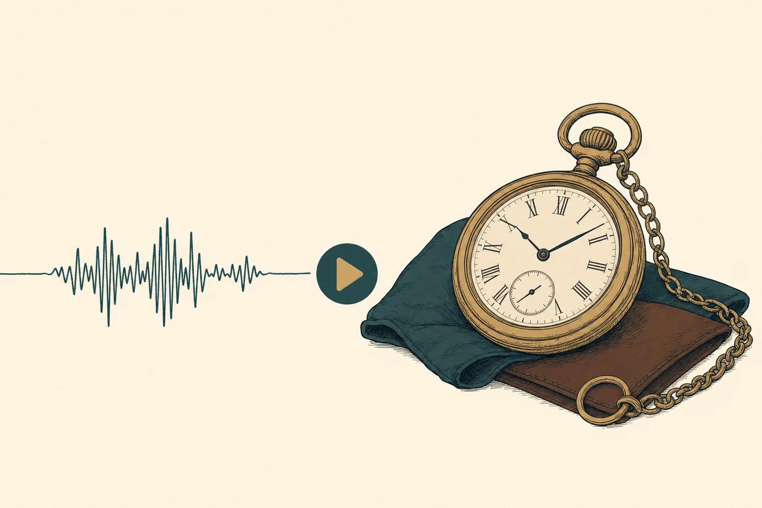Illustration of a brass pocket watch beside an audio waveform and a video play button.