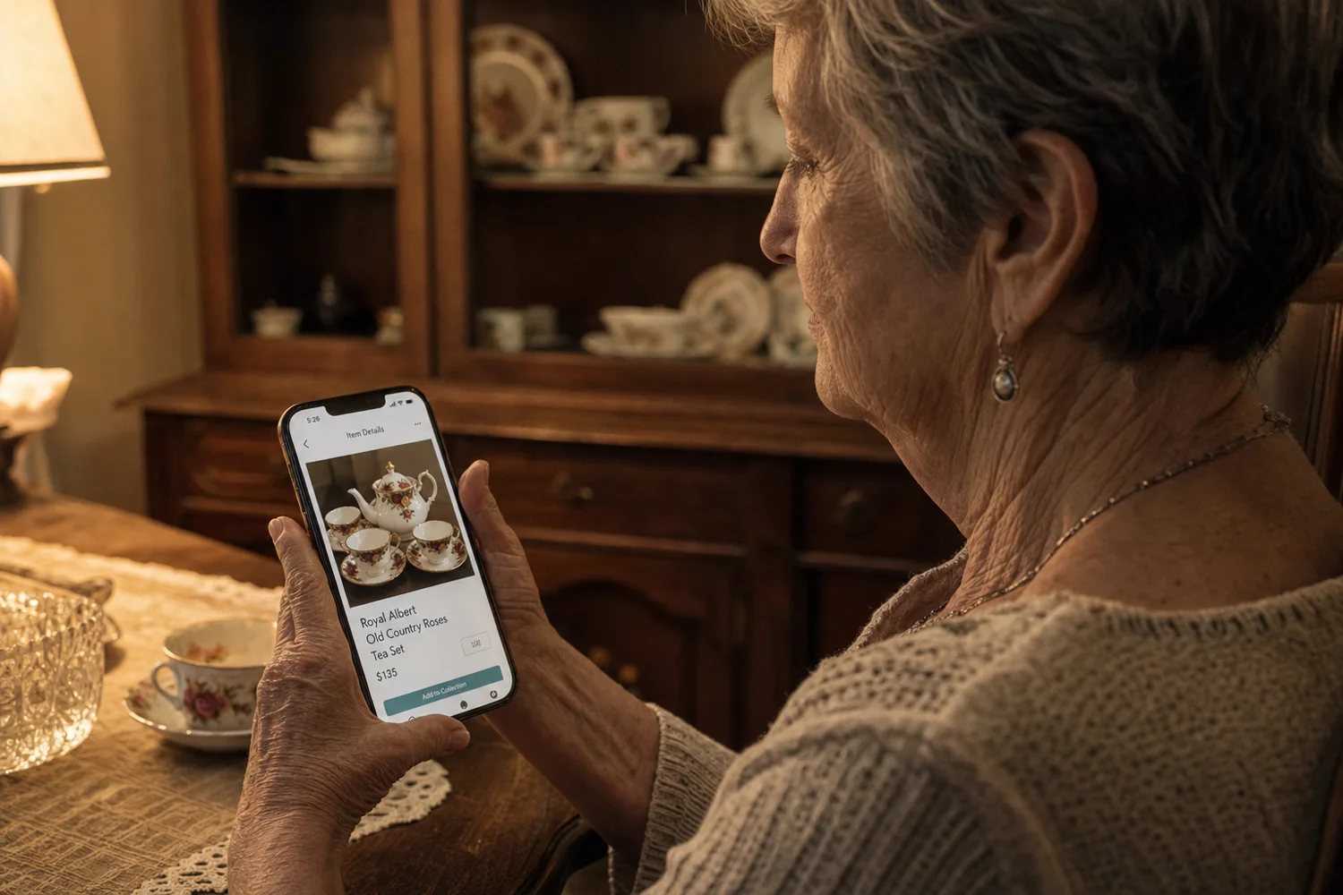 An older woman holds a phone showing a photograph of her china tea set.