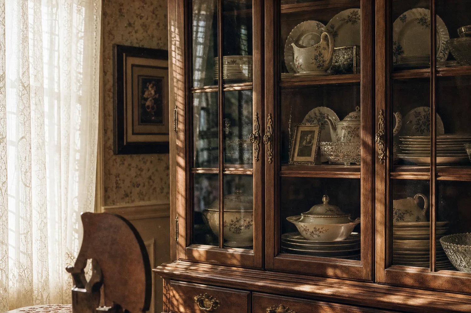 An heirloom china cabinet filled with plates, a teapot and cut-glass bowls.